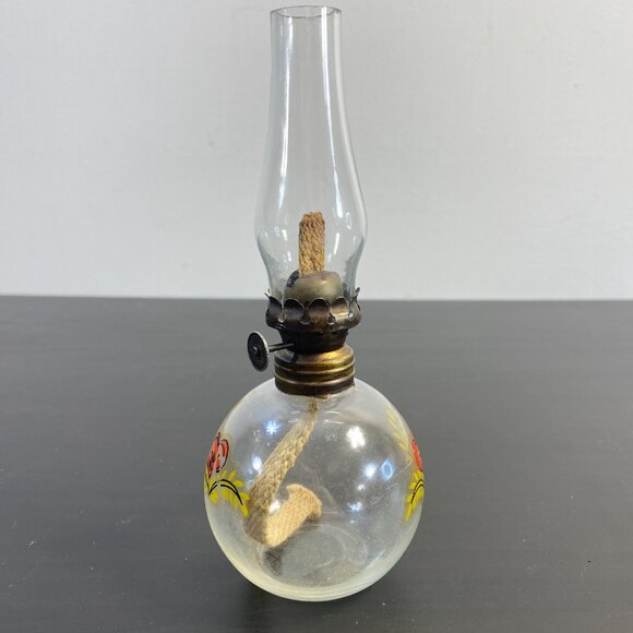 Miniature Oil Lamp Glass Hand Painted red White Flowers, Clear Top, Mini Lamp. - Picture 6 of 10